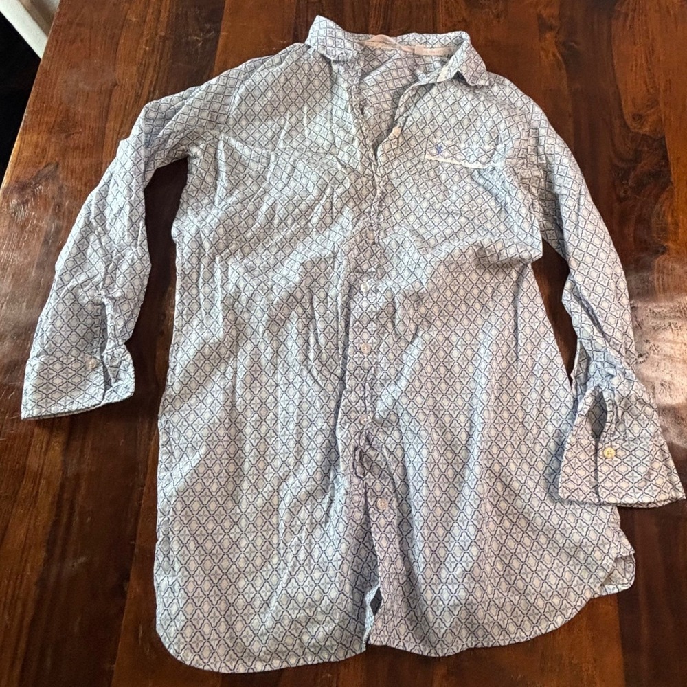Victoria's Secret Blue White Geometric Cotton Nightshirt Small Long Sleeve‎